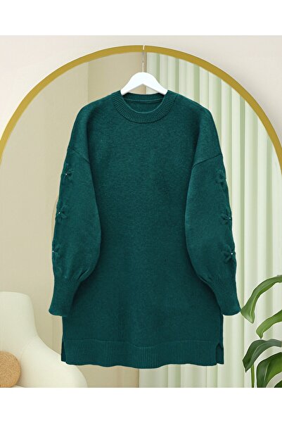 Modamorfo Round Neck Soft Knit Sweater with Handle Flower Detail - Emerald