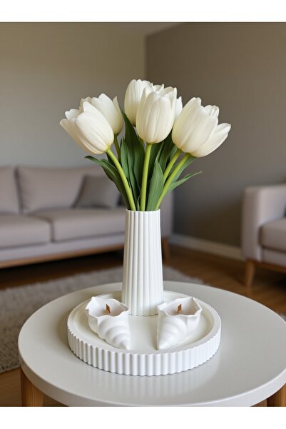 Nox Atelier Modern Soft Dekor Seti – 4’lü Beyaz Vazo ve Mumluk Takımı (Tepsili)