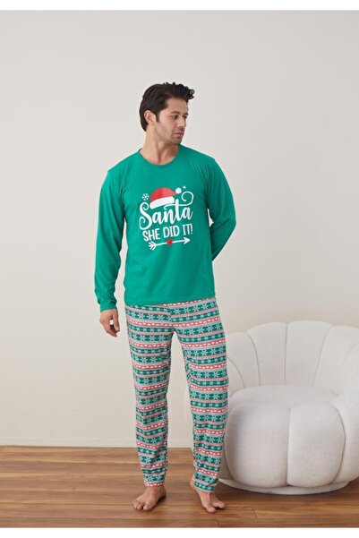 TOSKI Pijama Craciun Barbat Pantaloni Lungi Maneca Lunga,Verde,Santa