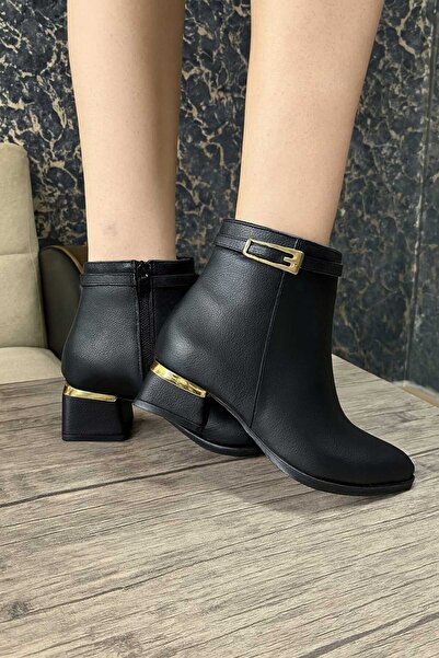 mysticaluxe Shoes Kadın Sivri Burun Kalın Ökçeli Yandan Fermuarlı Tokalı Bot Casual Günlük z01