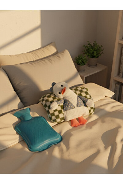 trawell Yeşil Peluş Kılıflı Ördek Emojili Sıcak Su Torbası 1 lt Cepli El Geçmeli Sıcak Su Torbası