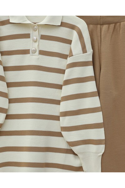 Modamorfo Polo Neck Buttoned Striped Knitwear Set - Tan