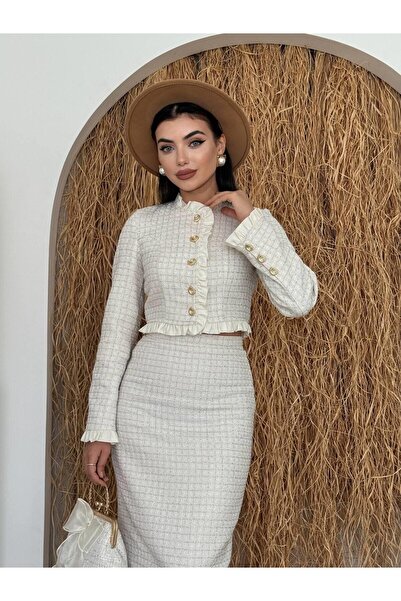 Julidress Glitter Gold Buttoned Lined Short Jacket Midi Length Skirt Top and Bottom Premium Tweed Set