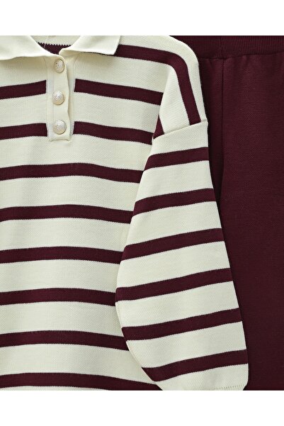 Modamorfo Polo Neck Buttoned Striped Knitwear Set - Burgundy