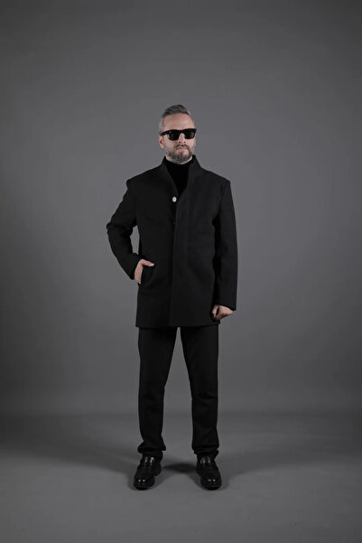 OHEPMODA Men's Cashmere Coat with Collar Detail and Hidden Buttons