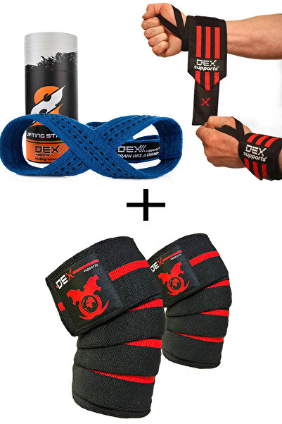 Dex Supports Weight Strap 8 Loop Blue, Fitness Wristband Wrist Wraps, Fitness Knee Pad Knee Wraps Elite Set of 3