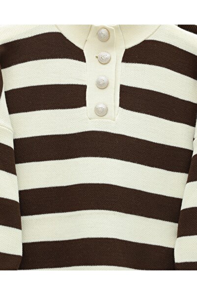 Modamorfo Half Turtleneck Buttoned Thick Striped Knitwear Set - Brown