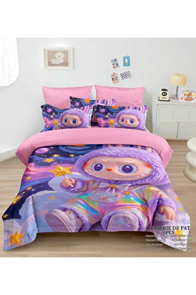 Lenjeria Familiei Tale Double bed linen 6 pieces fine with elastic – Labubu model pink purple