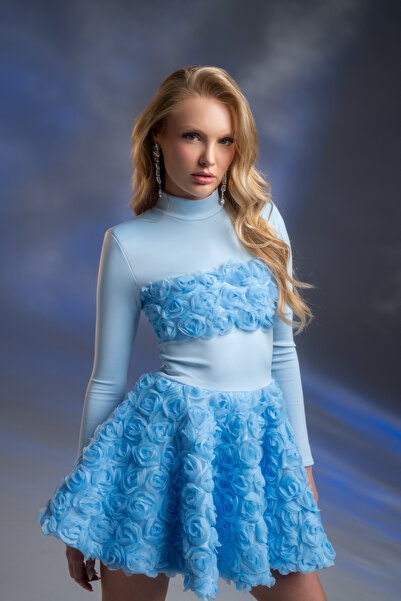 Gira official Açık Mavi Gül Detaylı Mini Elbise