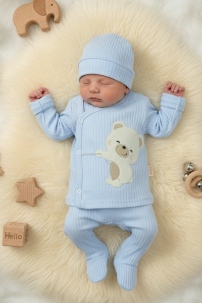 zubi baby & kids wear طقم أطفال أزرق اللون مطرز على شكل دمية دب لطيفة مصنوع م...