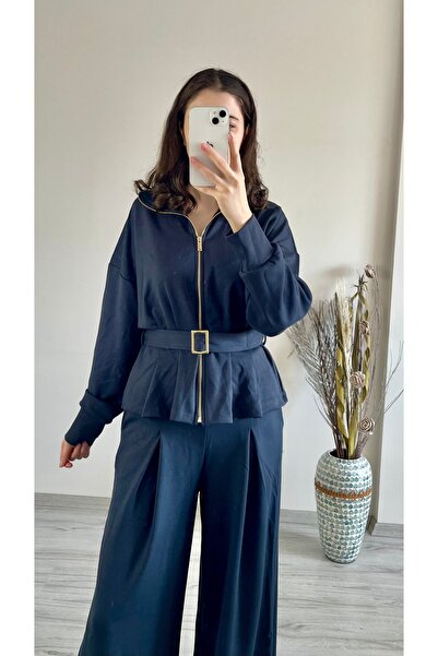 Aspendia طقم نسائي من المودال باللون الأزرق الداكن مع حزام