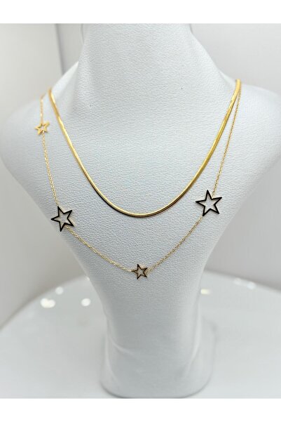 NİSA HOME قلادة نسائية من الفولاذ بلون ذهبي وفضي مع سلسلة مرصعة وتفاصيل نجمية...