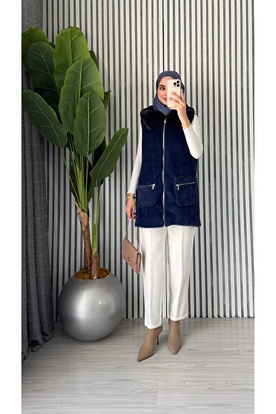 ruqaya Kadın Kürk Detaylı Fermuarlı Angora Yelek