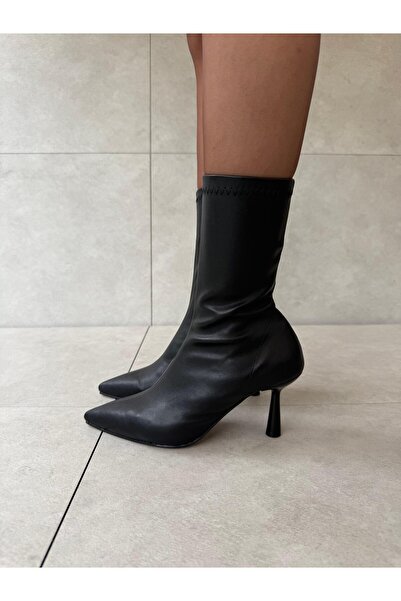 Elvinin Tarzı Ciel Black Leather Thin Heeled Flexible Women's Stretch Boots