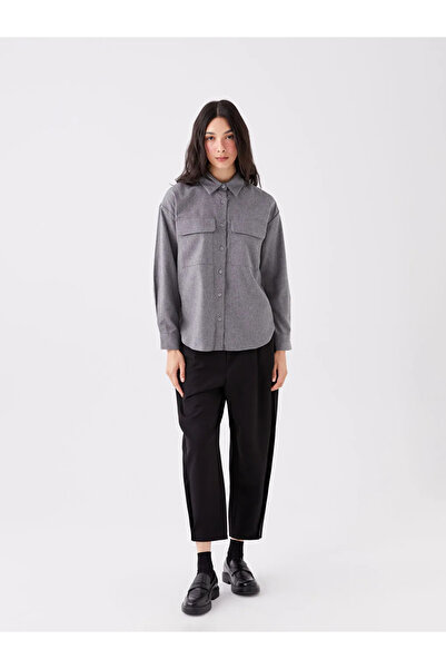 LC Waikiki Lcw Vision Gray Solid Long Sleeve Oversize Women's Lumberjack Shirt Jacket