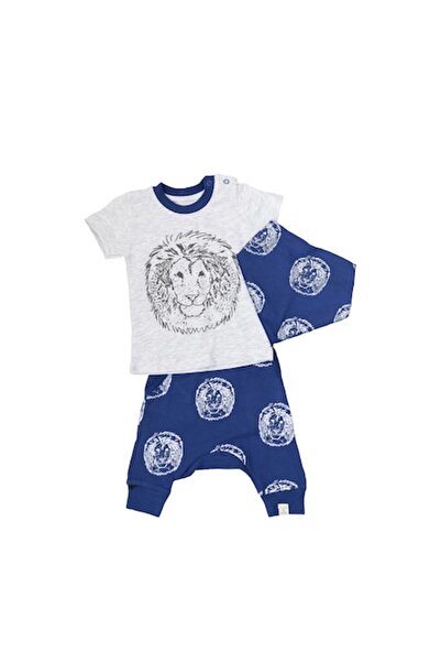 Miniworld Set baieti 3 piese din bumbac, model Lion, varsta 6-9 luni, 74 cm, Albastru