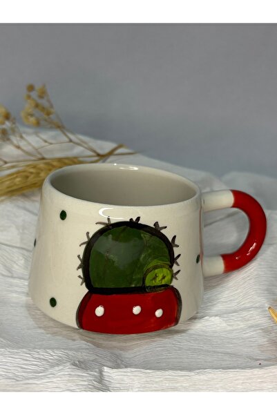 özre tasarım KAKTÜS DESENLİ ÖZEL KABARTMALI EL İŞLEMELİ SERAMİK KUPA / BARDAK