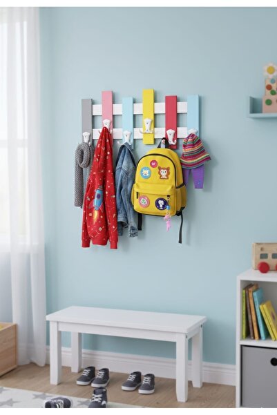 HomeBasics 5 li Renkli Ahşap Askılık Askı Aparatlı