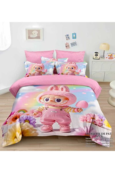 Lenjeria Familiei Tale Double bed linen 6 pieces fine with elastic – Labubu model pink colored