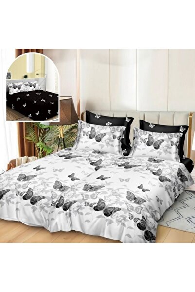CumparaMisim 7-piece Bed Linen Set, Superior Satin Cotton, with 2 Duvet Covers, White/Black, Butterflies