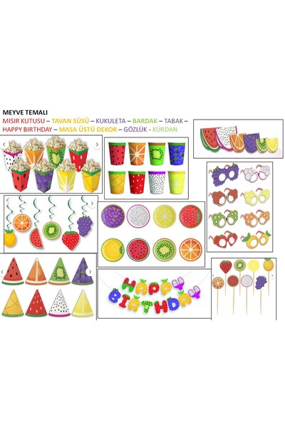 HZS MEYVE TEMALI MISIR KUTUSU –TAVAN SÜSÜ–KUKULETA–BARDAK–TABAK–HAPPY BIRTHDA...