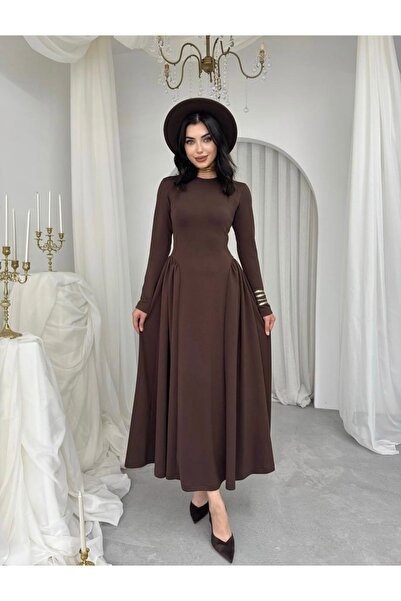 Afiş Butik Kahverengi Kadın Piliseli Tasarım Elbise