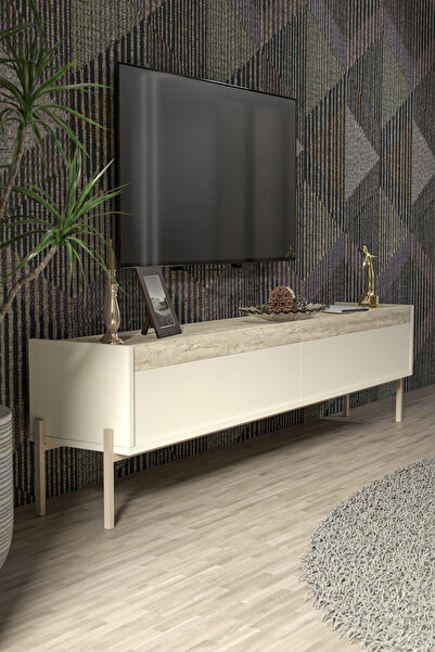 MİLVAKİ TV Ünitesi Traverten Mermer Desenli TV Sehpası FLORYA 180 Cm