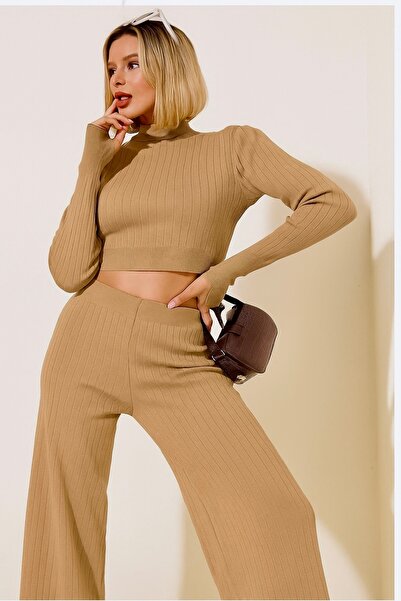 Tasc1 Store Kadın Bej Fitilli Triko Takım – Yüksek Bel Palazzo Pantolon & Uzu...