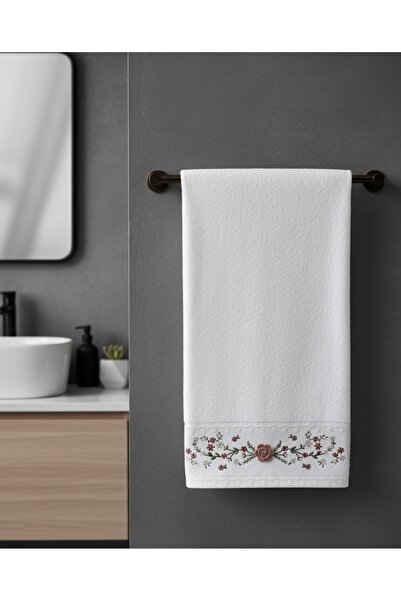 %100 Pamuk Pudra Çiçek Desenli 50X90 El , Yüz Havlusu , Banyo Havlusu
