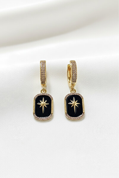 özgül takı ve tasarım Stainless Steel Gold Color Black Enamel North Star Zircon Stone Women's Earrings
