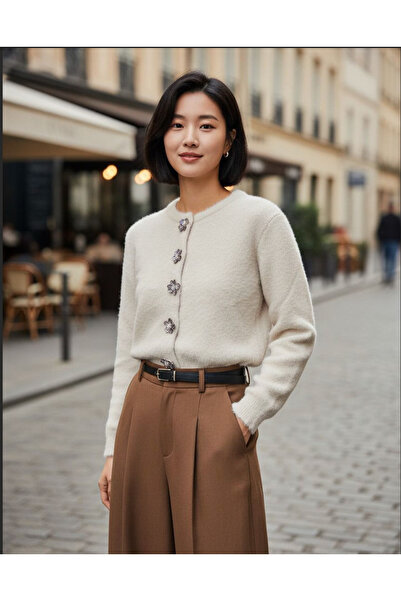 TRİNİTY Women's Stone-Studded Feather Cardigan-Beige