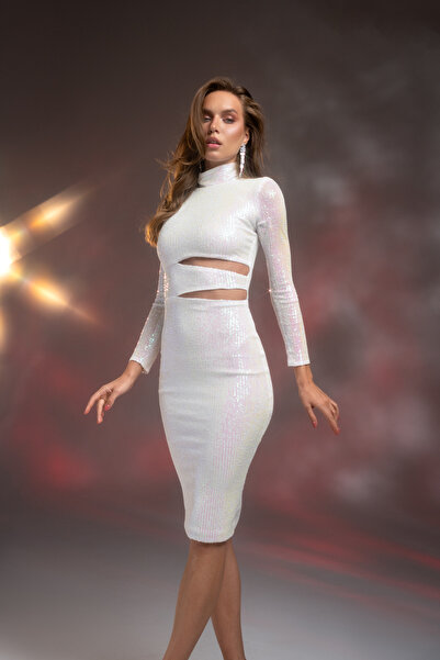 Gira official Beyaz Hologram Payetli Bel Detaylı Midi Elbise