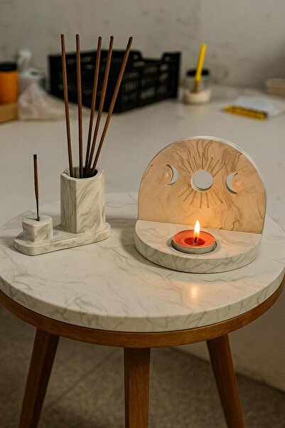 Genel Markalar Mermer Desen Tütsülük ve Tealight Dekor Seti