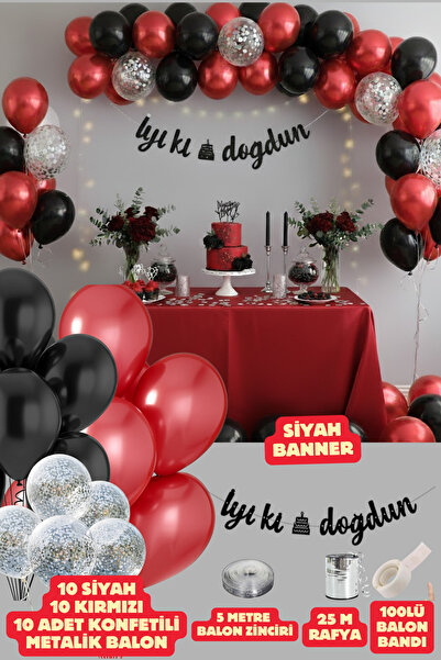 Baloncu Dede Black Happy Birthday Written Banner Black Red Balloon Set Birthday Party Set Decorations