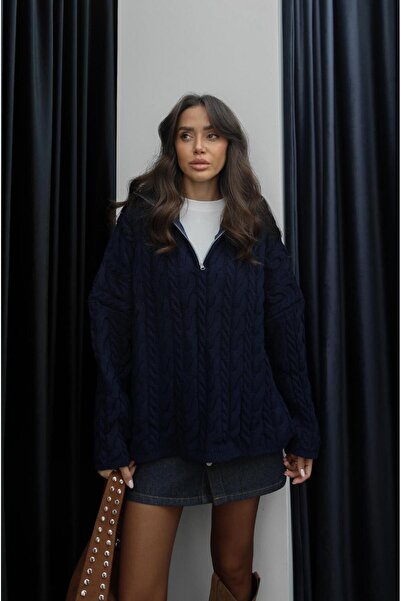 Havoş Navy Blue Zippered Hair Knit Sweater
