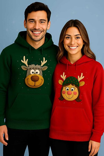 blausee wear LiyAda supradimensionat Geyik cu imprimeu Verde -Roșu cu glugă S...