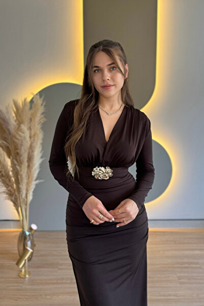 Aventien Draped Elegant Brown Long Dress with Belt Accessory