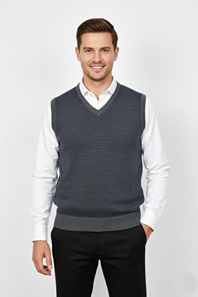 Triko Nehir Men's V-Neck Sweater Steel Knit Regular Fit Bgl-St04840