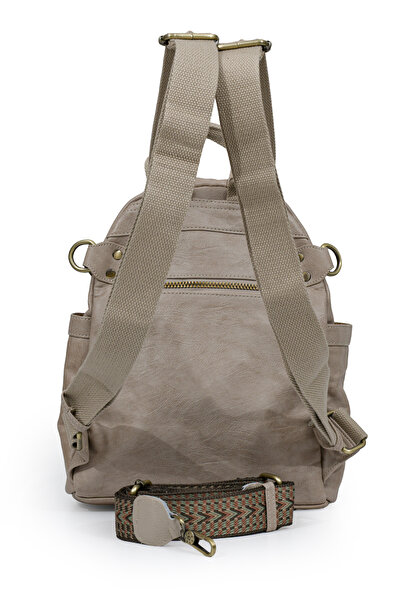 Levidor Ethnic Strap and Stone Charm Detailed Medium Size Casual Women's Shoulder and Backpack 930380 Mink