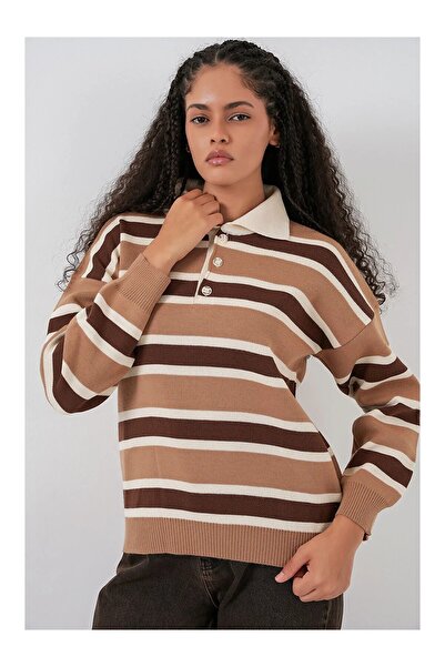 MODA BORSASI Light Brown Polo Neck Striped Women's Knit Sweater
