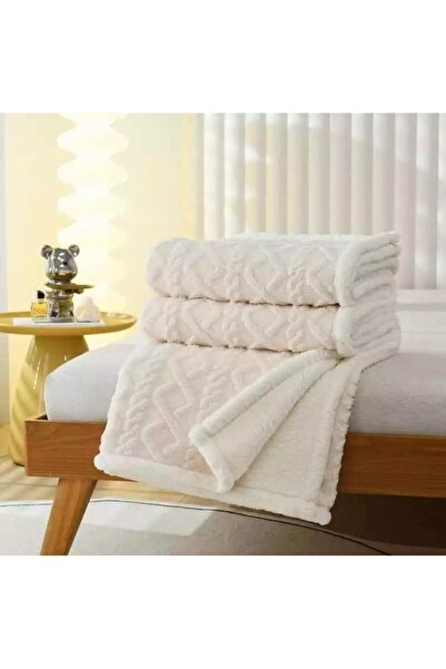 Truva Grup Fur Blanket for Double Bed 200x230 cm, Cream – Knit Pattern, Extra Soft and Warm