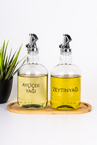 dnshome 2'li 500 ml Bambu Stanlı Cam Yağdanlık Seti Gri Tıpalı Ayçiçek & Zeytinyağı Etiketli Yağlık Sosluk