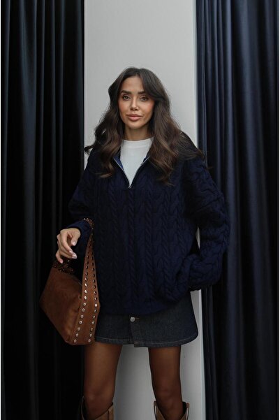 Havoş Navy Blue Zippered Hair Knit Sweater