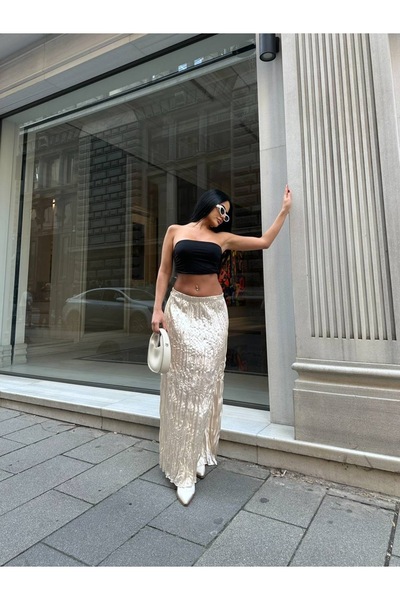 OLİSSE Kadın Piliseli Kırışık Görünümlü Uzun Saten Etek