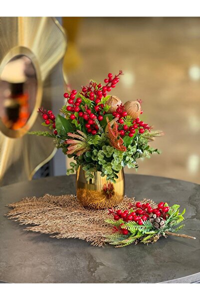 TASARIMHMODA Yapay Kırmızı Kokinalı Gold Vazo + Gold Yaprak Supla