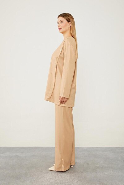 Levidor K.Beige Button Detailed Crew Neck Double Suit