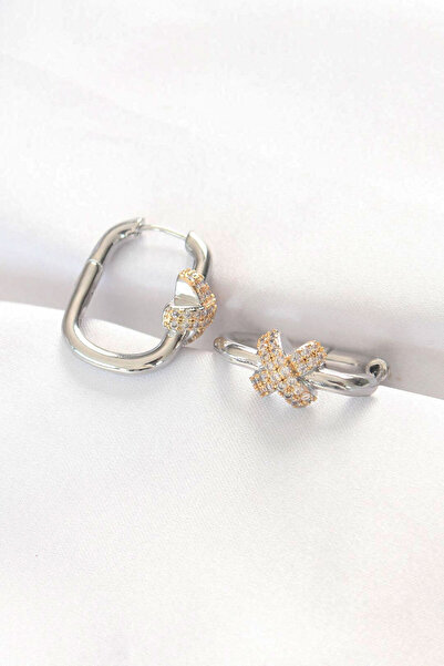 Mustran Brass Double Color Rhinestone X Design Rectangular Earrings