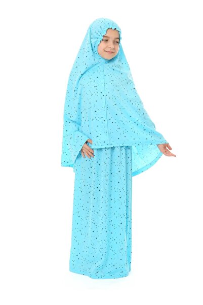 skycott kız çocuk iki parça yıldız desenli uzun başörtülü namaz elbisesi mavi