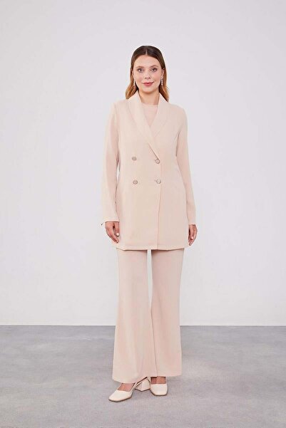 Levidor Beige Double Breasted Cut Blazer Jacket Set