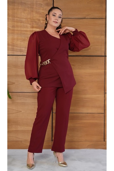 Butik Nilyam Women's Plus Size Double-Breasted Lapel Chiffon Sleeve Chain Brooch Detail Blouse Pants Evening Dress Suit 25066